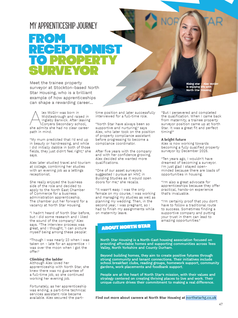 A screenshot of an article featuring an interview from Alex McGirr, trainee property services surveyor at North Star, talking about her journey from apprentice to where she is now.