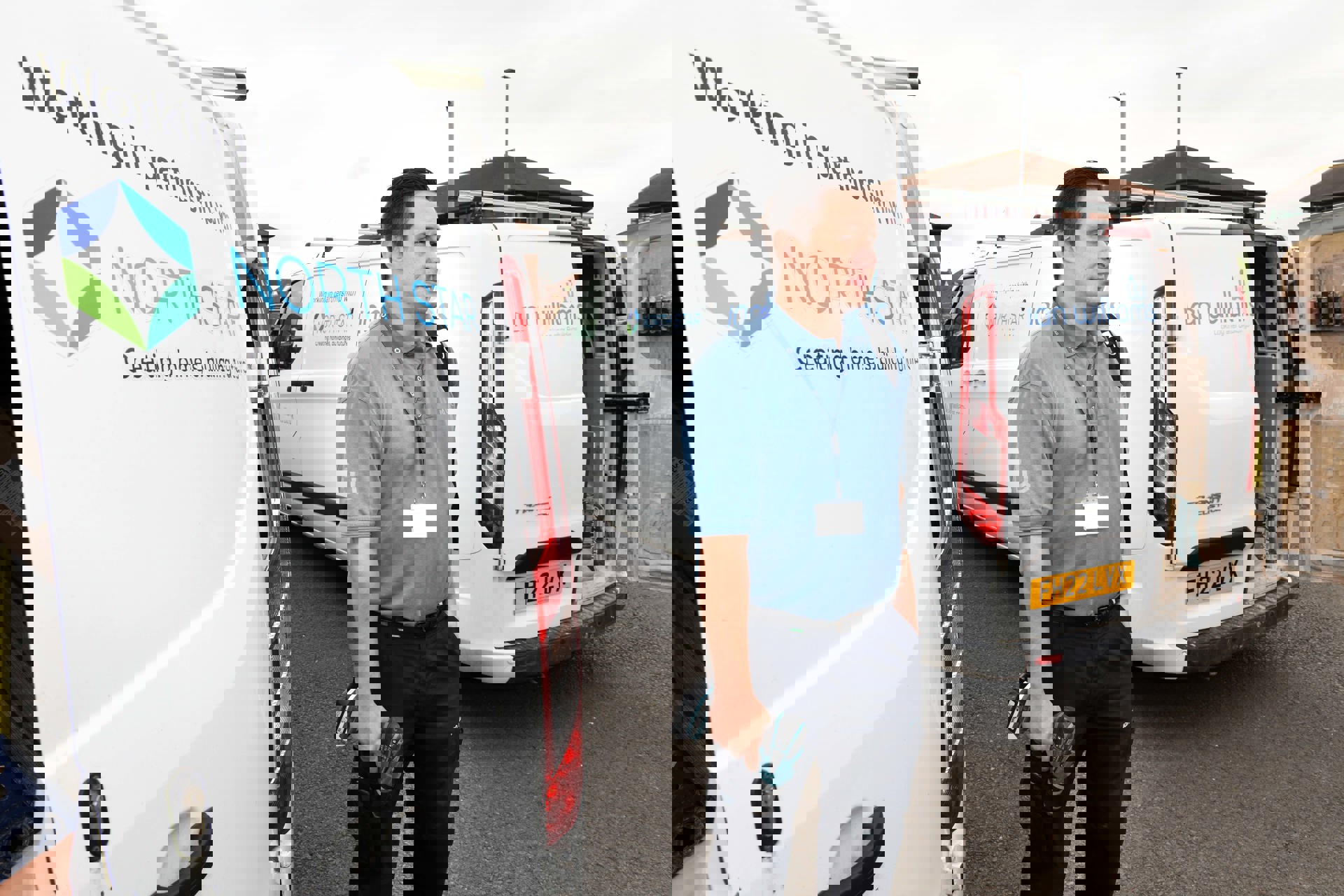 A repair worker stands between two branded vans from Ian Williams and North Star Housing. He is holding tools and wearing a blue uniform and lanyard. The vans display the logos and partnership between Ian Williams and North Star Housing.