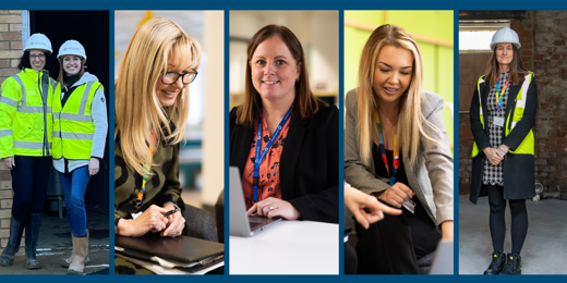 Collage of female staff at North Star. Some are working in an office, and others are on building sites in high vis jackets and hard hats.