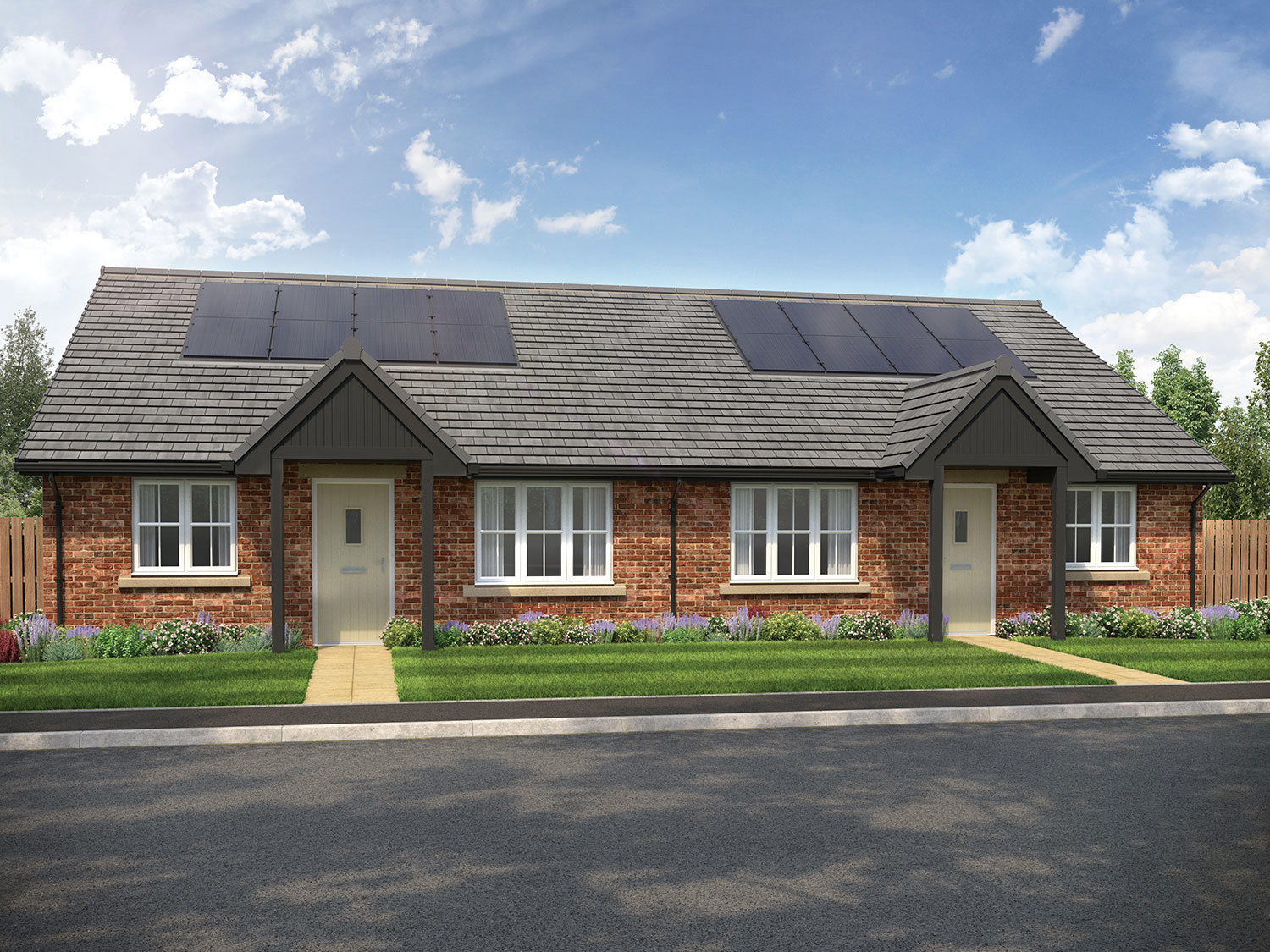 A computer-generated image (CGI) of a modern housing development featuring several brick bungalows with pitched roofs and solar panels. The houses are arranged along a landscaped street with trees, pathways, and green spaces. The scene is well-lit, showcasing a welcoming and sustainable neighbourhood design.